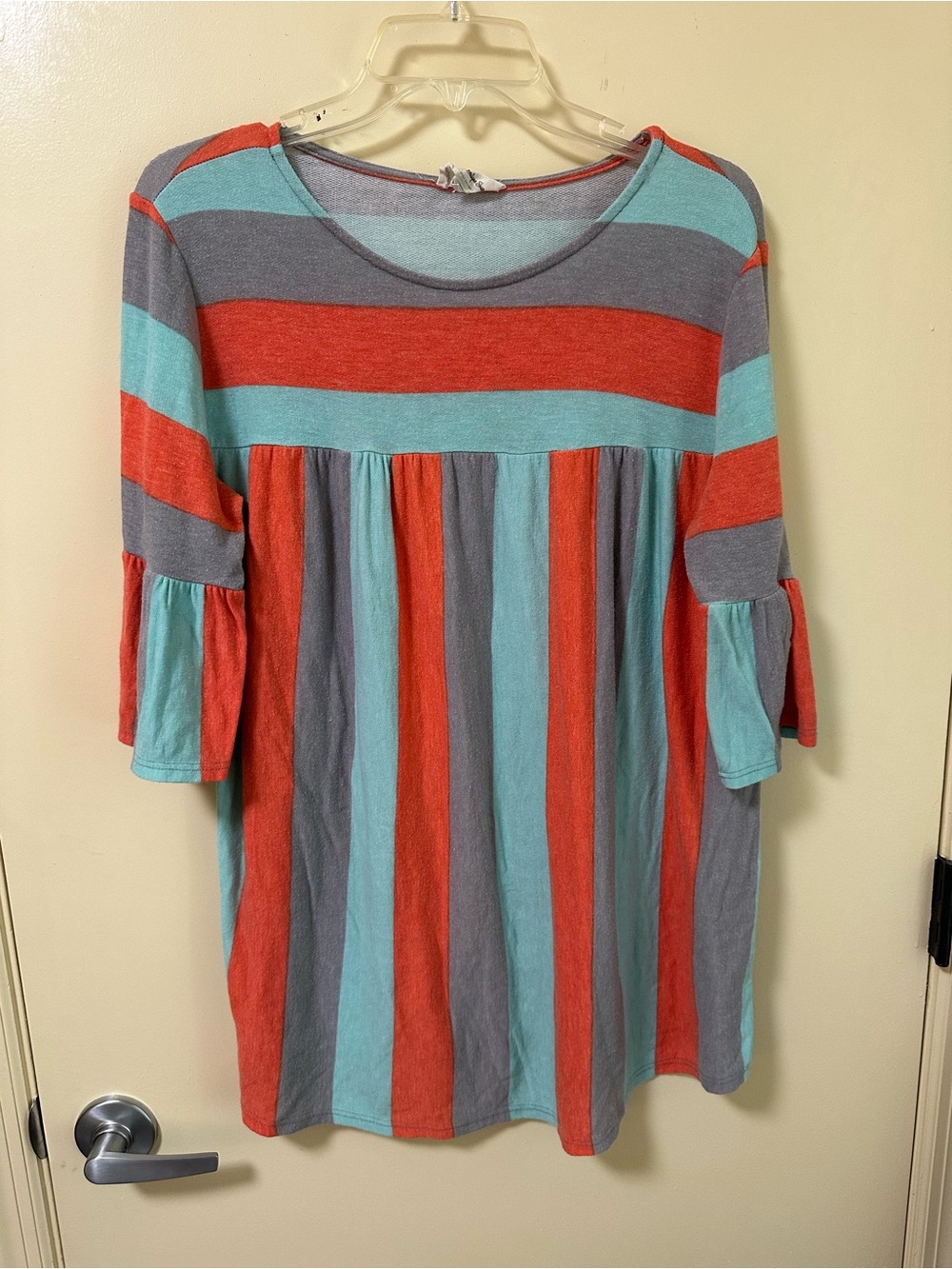 Striped Babydoll Tunic - Coral, Teal & Gray